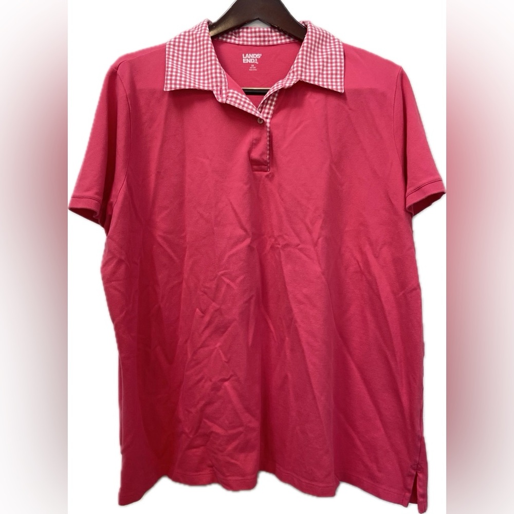 LANDS END PINK WHITE CHECKERED COLLAR SHORT SLEEVE PLUS 2X COTTON POLO TOP